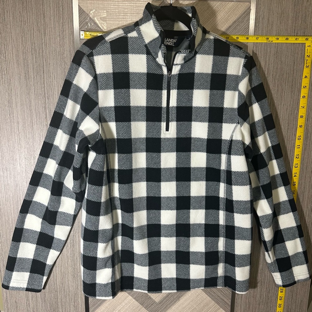 Lands' End Men's Black and White Plaid Zip-Up Sweater